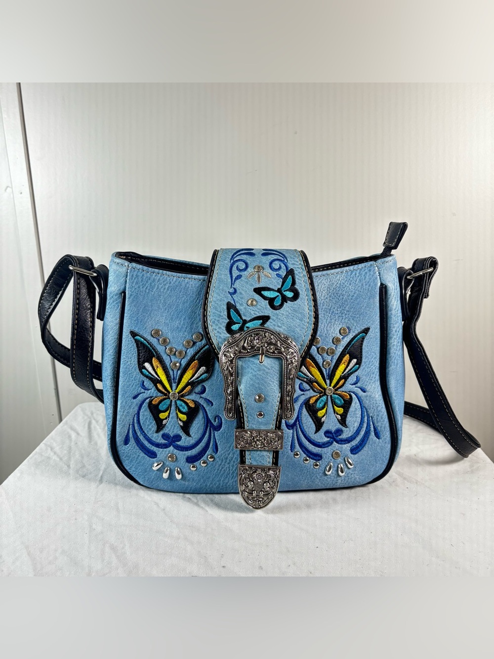 Western Blue Butterfly Crossbody Bag (Adjustable) Buckle Concealed 11x8x4 in